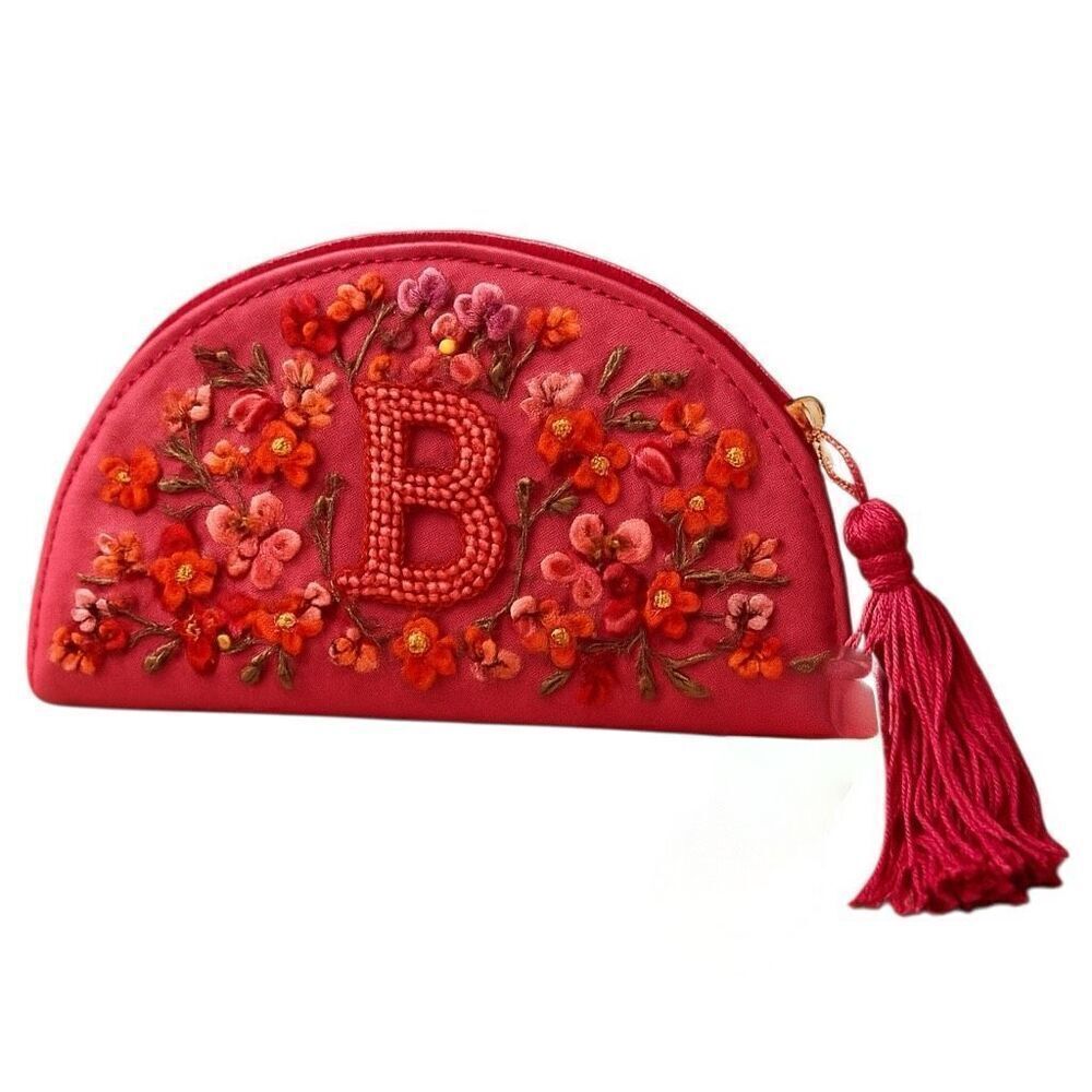 Anthropologie x Anna Harlow Russo Embroidered Monogram Initial Clutch Red